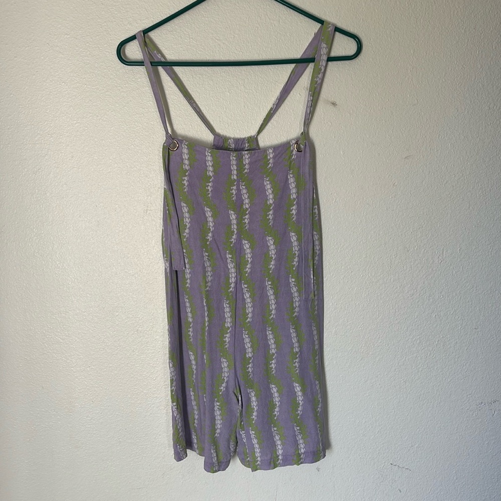 Leikini romper size large crown flower purple green